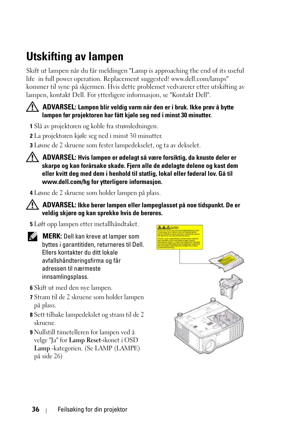 Utskifting av lampen | Dell 1800MP Projector User Manual | Page 814 / 1096