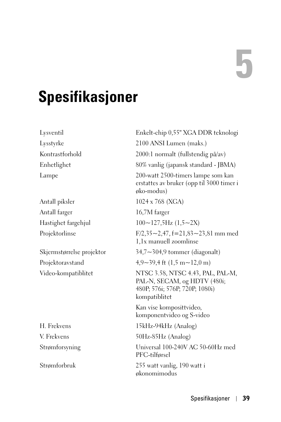 Spesifikasjoner | Dell 1800MP Projector User Manual | Page 817 / 1096