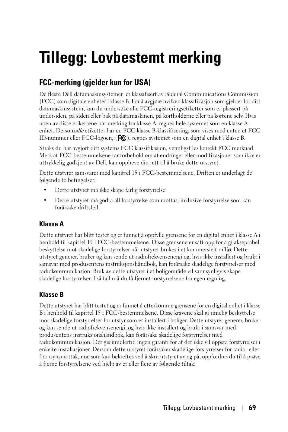 Tillegg: lovbestemt merking, Fcc-merking (gjelder kun for usa), Klasse a | Klasse b | Dell 1800MP Projector User Manual | Page 847 / 1096