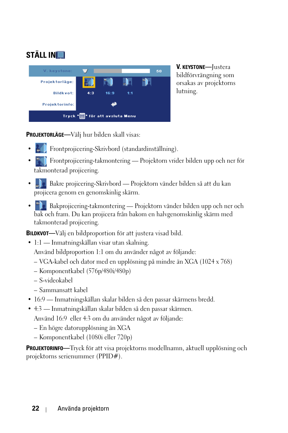 Ställ in | Dell 1800MP Projector User Manual | Page 876 / 1096