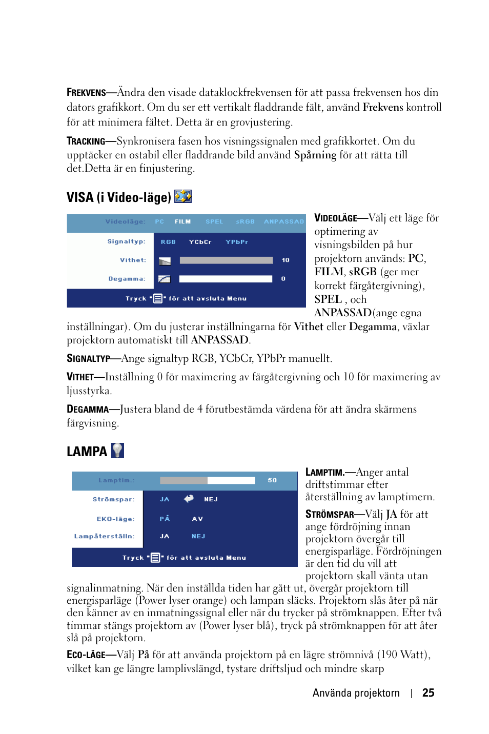 Visa (i video-läge), Lampa | Dell 1800MP Projector User Manual | Page 879 / 1096