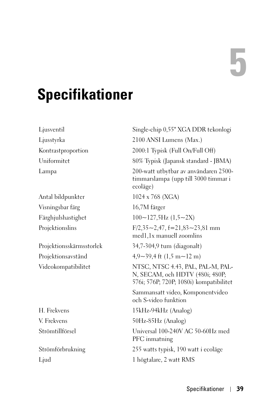 Specifikationer | Dell 1800MP Projector User Manual | Page 893 / 1096