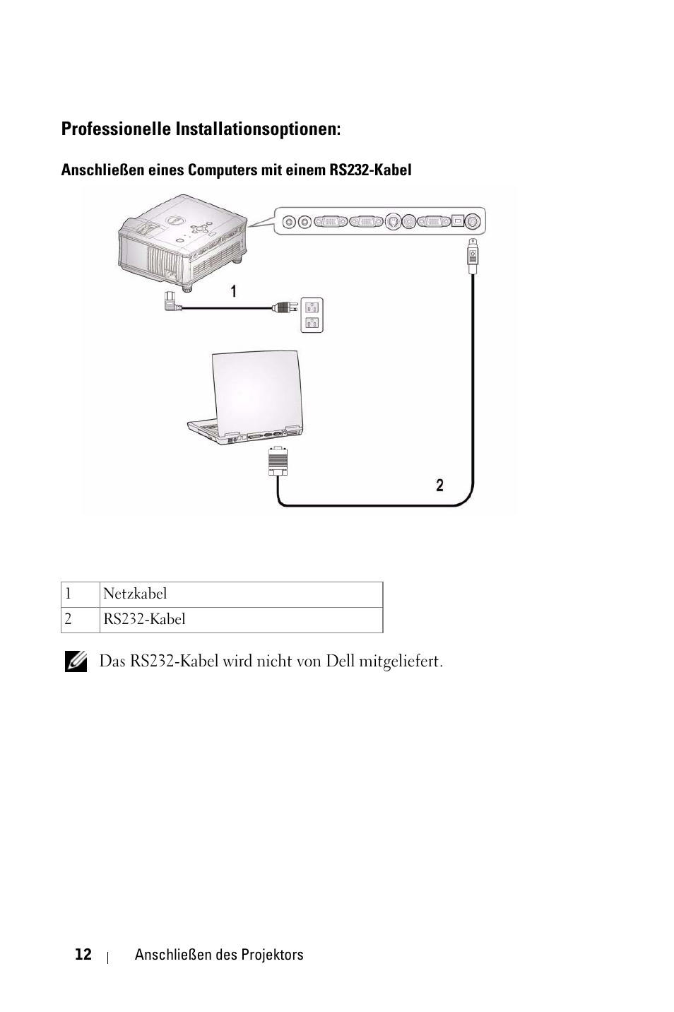 Professionelle installationsoptionen, Anschließen eines computers mit einem rs232-kabel | Dell 1800MP Projector User Manual | Page 90 / 1096