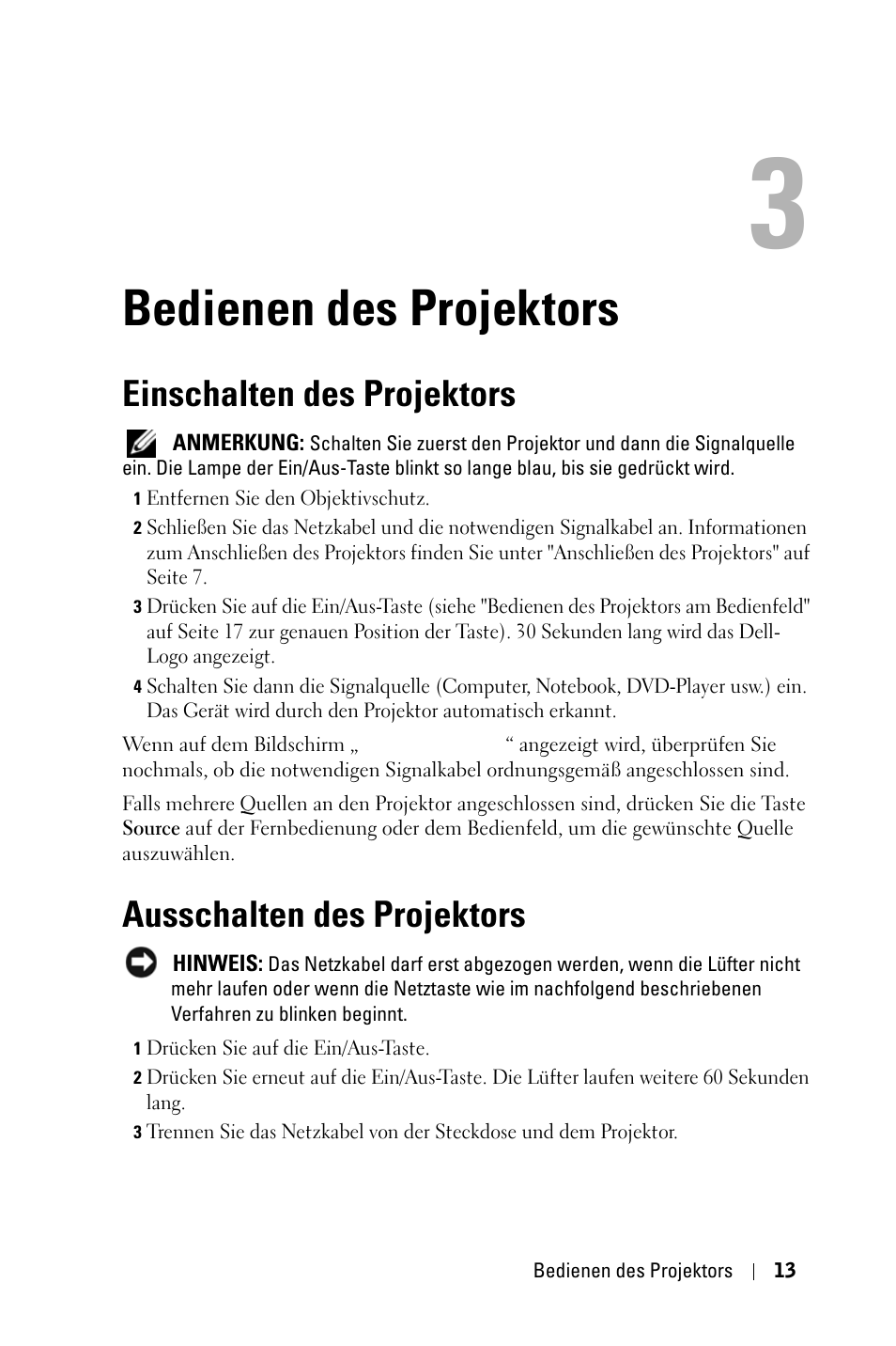 Bedienen des projektors, Einschalten des projektors, Ausschalten des projektors | Dell 1800MP Projector User Manual | Page 91 / 1096