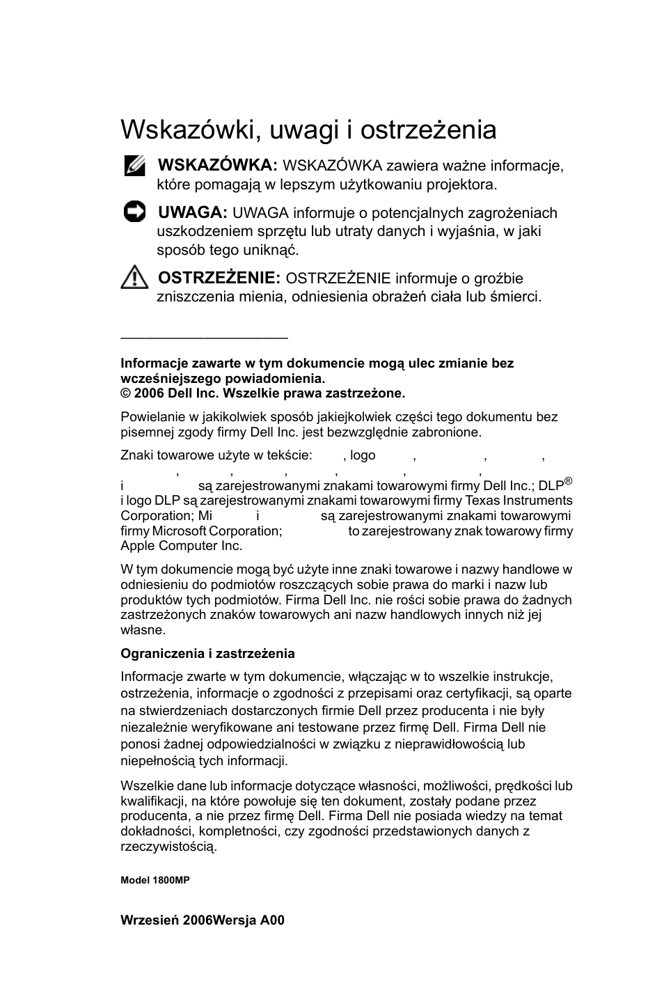 Wskazówki, uwagi i ostrzeżenia | Dell 1800MP Projector User Manual | Page 932 / 1096