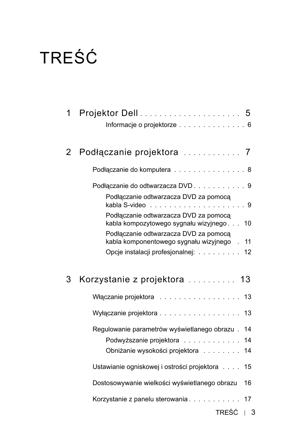 Treœæ, Treść, 1 projektor dell | 2 podłączanie projektora, 3 korzystanie z projektora | Dell 1800MP Projector User Manual | Page 933 / 1096