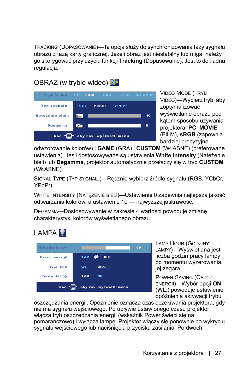 Obraz (w trybie wideo), Lampa | Dell 1800MP Projector User Manual | Page 957 / 1096