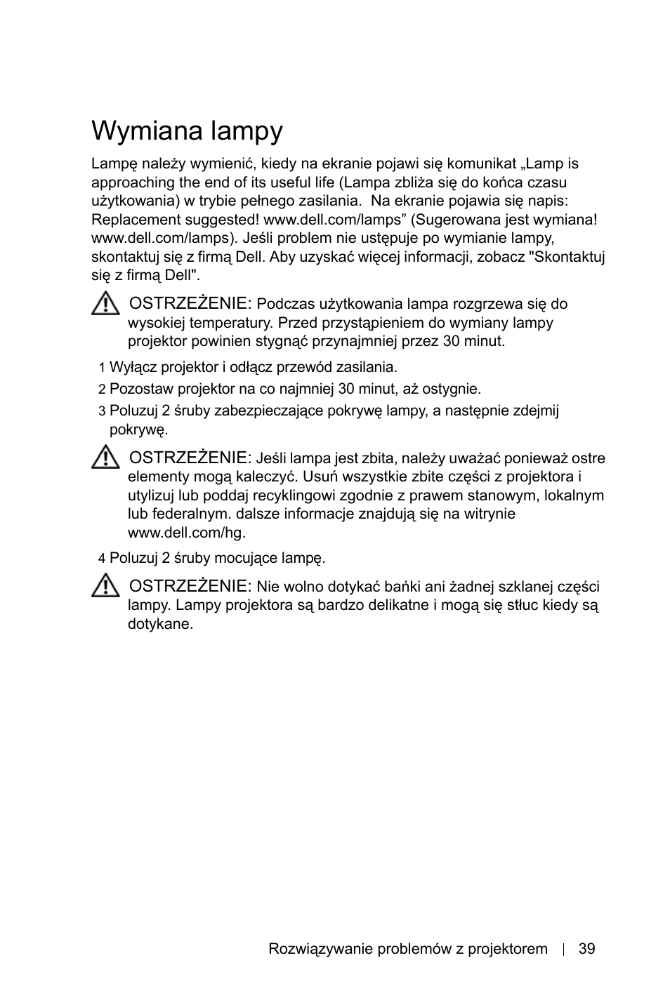 Wymiana lampy | Dell 1800MP Projector User Manual | Page 969 / 1096