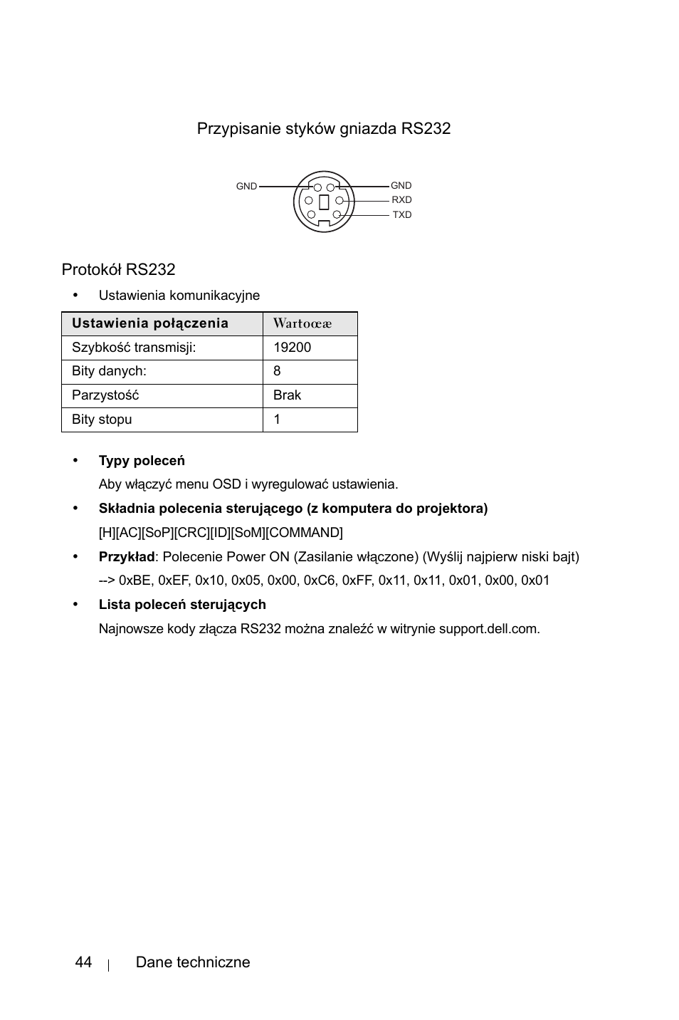 Przypisanie styków gniazda rs232, Protokó¸ rs232 | Dell 1800MP Projector User Manual | Page 974 / 1096