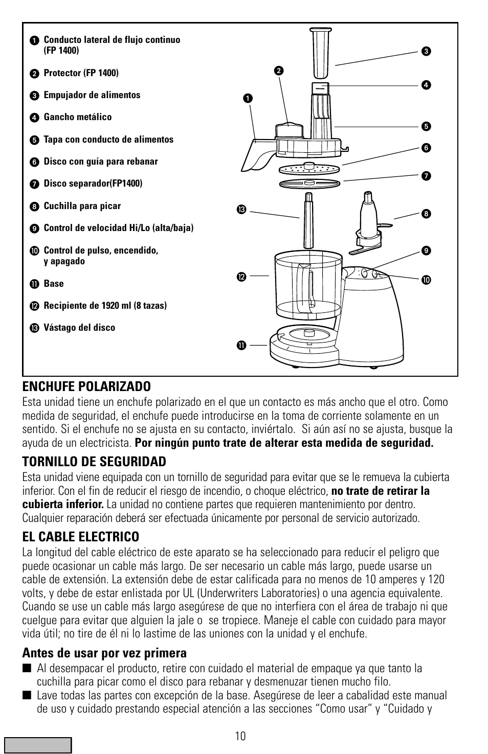 Enchufe polarizado, Tornillo de seguridad, El cable electrico | Antes de usar por vez primera | Black & Decker FP1300 Series User Manual | Page 10 / 24