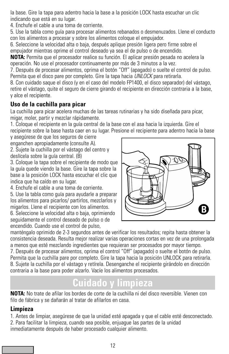Limpieza, Cuidado y limpieza | Black & Decker FP1300 Series User Manual | Page 12 / 24