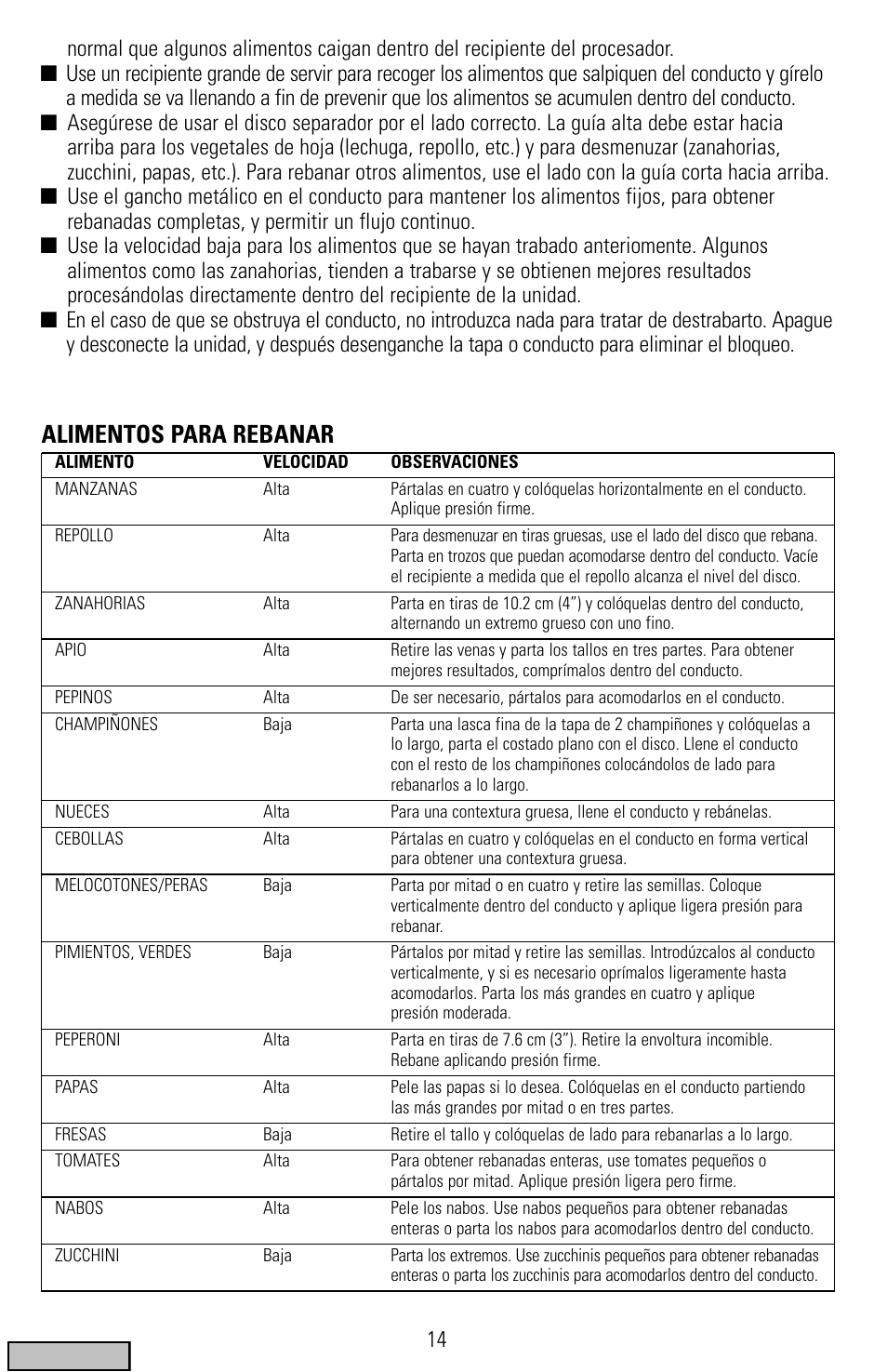 Alimentos para rebanar | Black & Decker FP1300 Series User Manual | Page 14 / 24