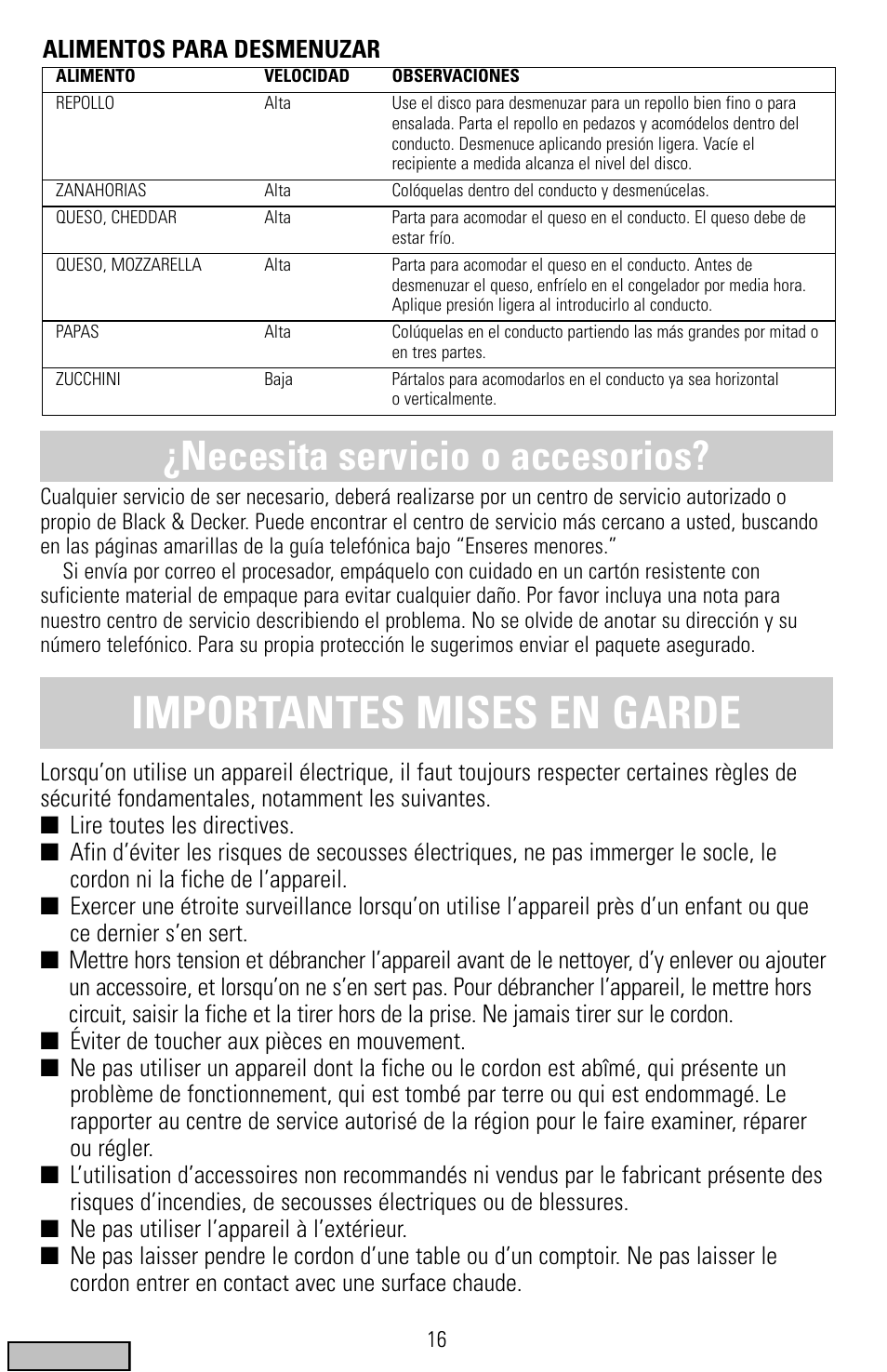 Mises en garde, Robots culinaires quick ‘n easy, Importantes mises en garde | Necesita servicio o accesorios | Black & Decker FP1300 Series User Manual | Page 16 / 24
