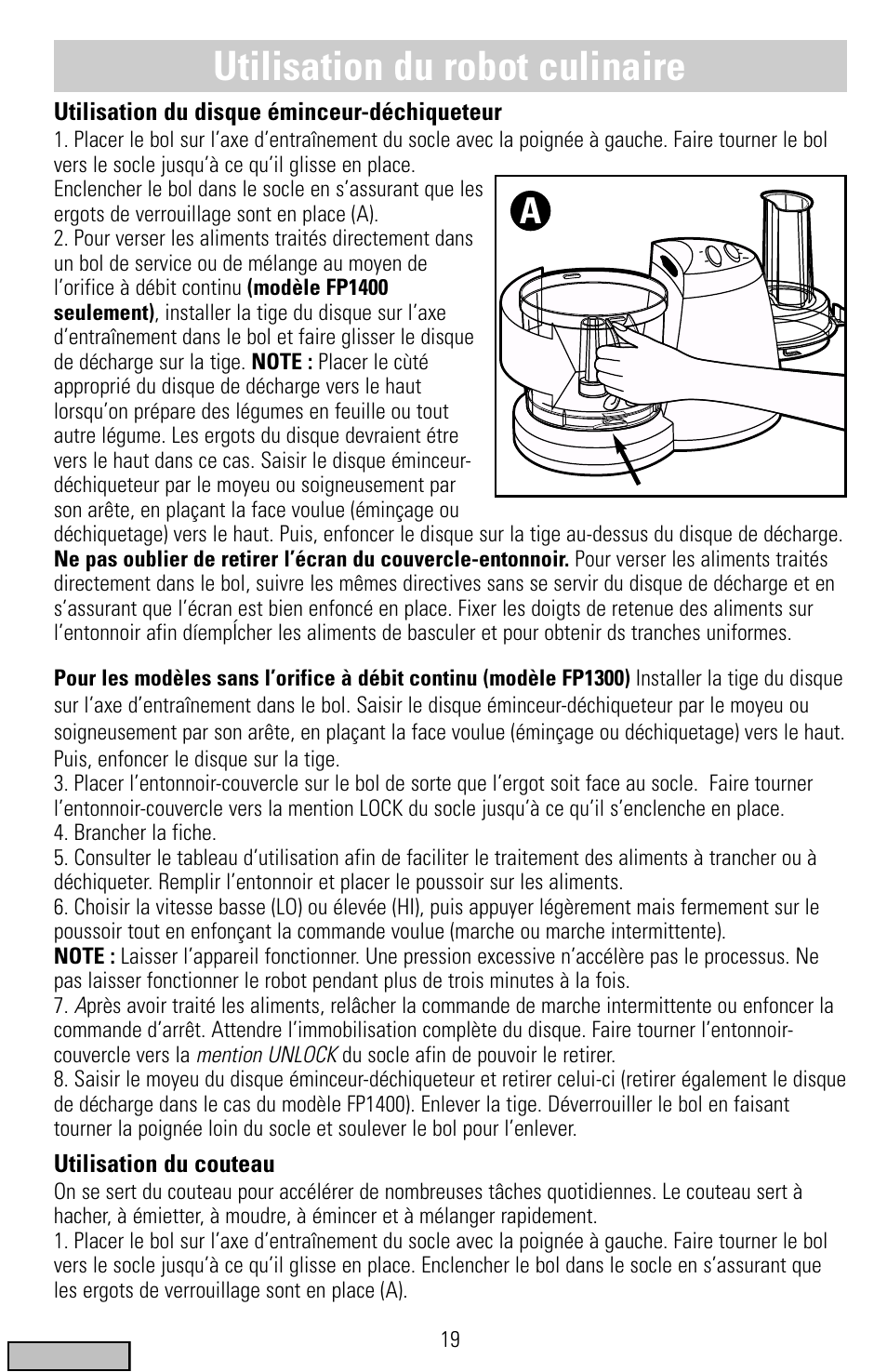 Utilisation, Utilisation du robot culinaire | Black & Decker FP1300 Series User Manual | Page 19 / 24