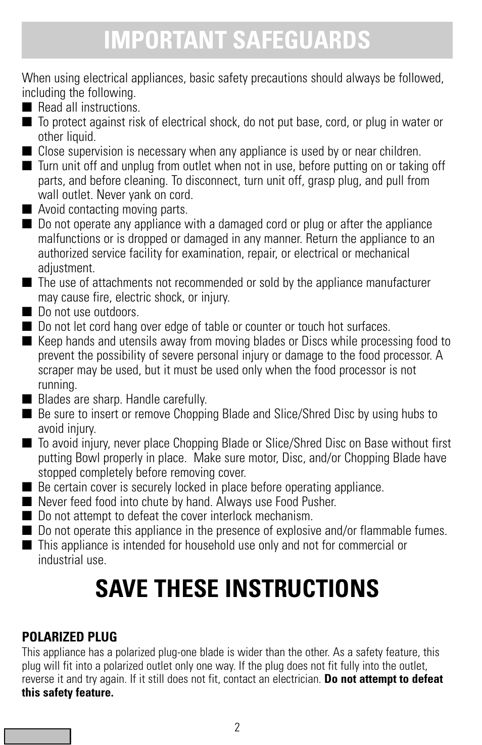 Safegaurds, Quick ‘n easy, Food processors | Important safeguards, Save these instructions | Black & Decker FP1300 Series User Manual | Page 2 / 24