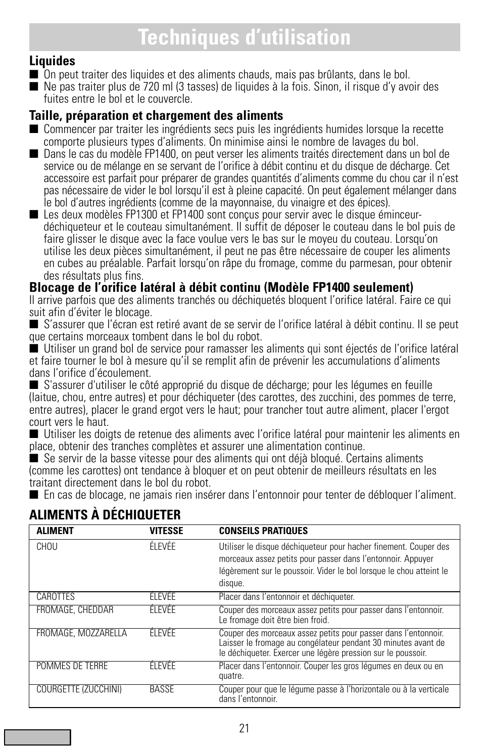 Techniques, Techniques d’utilisation, Liquides | Taille, préparation et chargement des aliments, Aliments à déchiqueter | Black & Decker FP1300 Series User Manual | Page 21 / 24