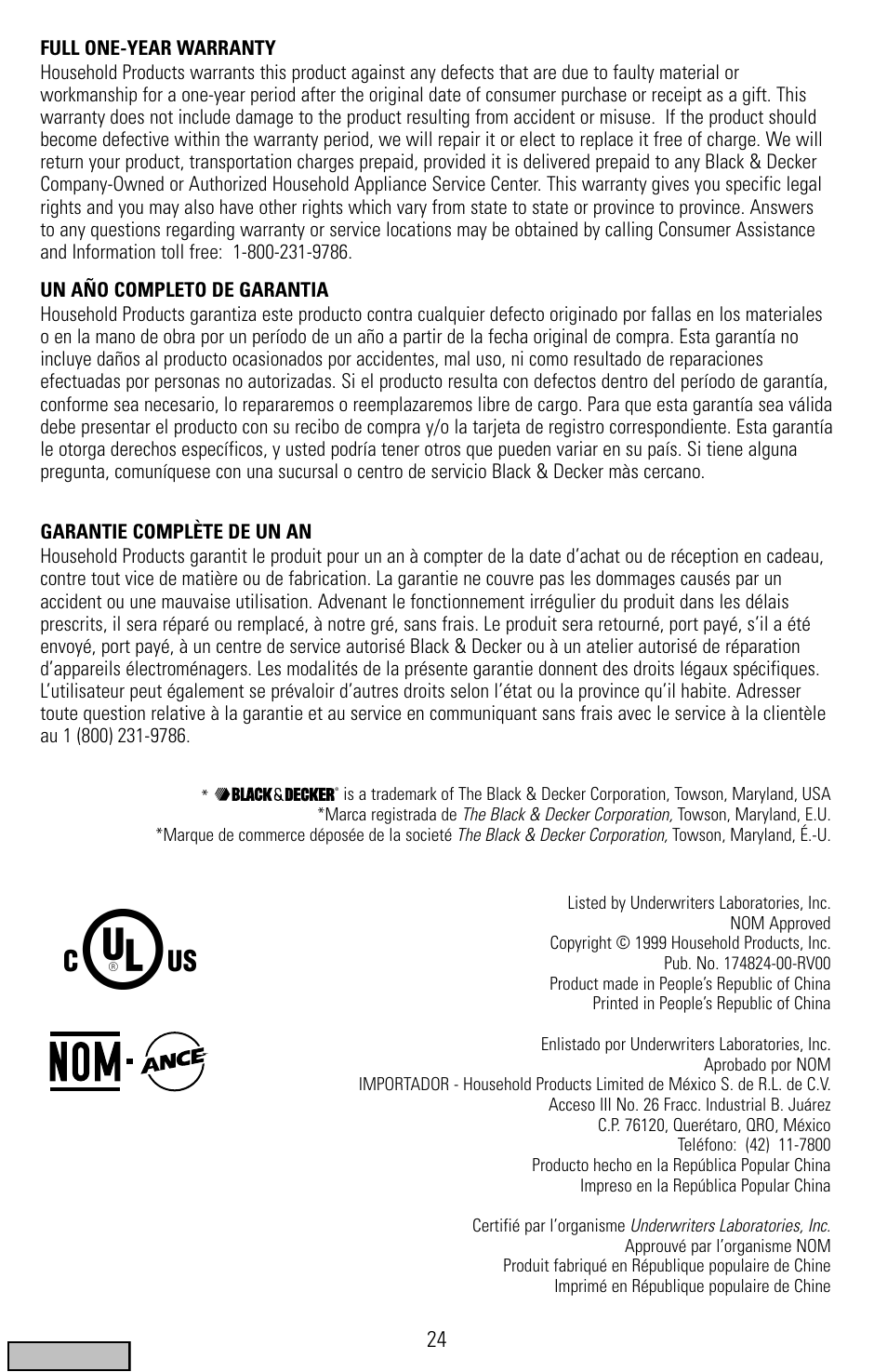 Warranty, Garantia, Garantie | Black & Decker FP1300 Series User Manual | Page 24 / 24