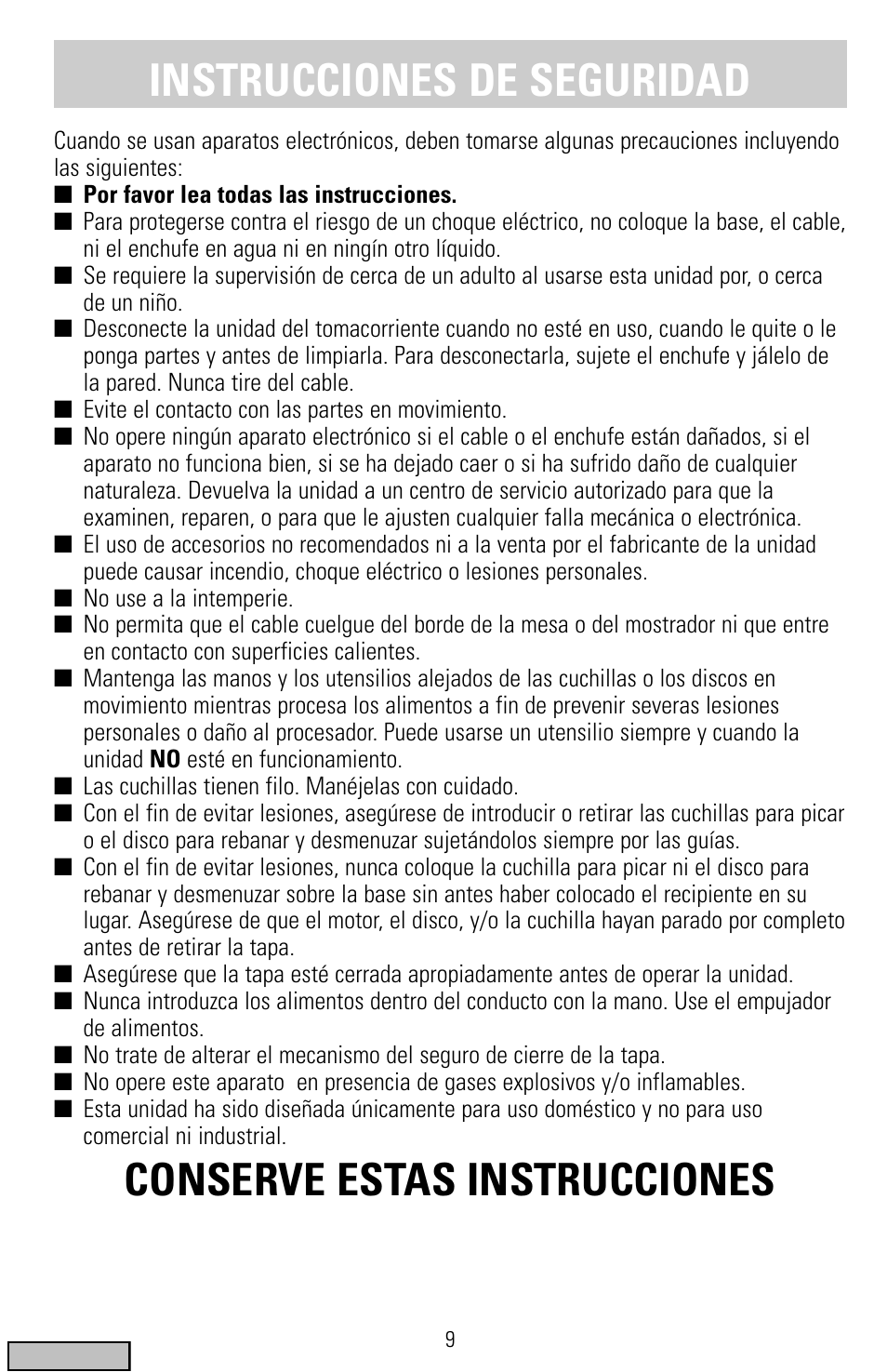 Instrucciones, Procesador de alimentos quick ‘n easy, Instrucciones de seguridad | Conserve estas instrucciones | Black & Decker FP1300 Series User Manual | Page 9 / 24