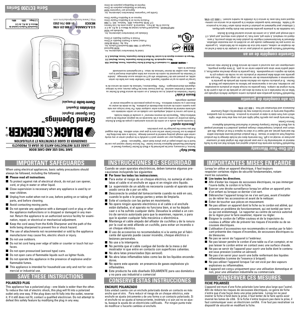 Safety, Can opener, English) | Grand openings, Important safeguards, Instrucciones de seguridad, Importantes mises en garde, Save these instructions, Conserve estas instrucciones, Conserver ces mesures | Black & Decker EC1200B User Manual | Page 2 / 7