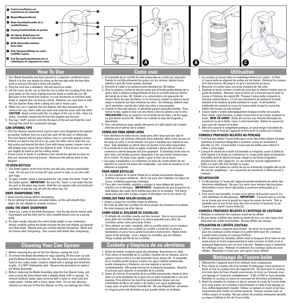 How to use, Cleaning your can opener como usar, Cuidado y limpieza de su abrelatas utilisation | Nettoyage de l’ouvre-boîte, Ab c | Black & Decker EC1200B User Manual | Page 7 / 7