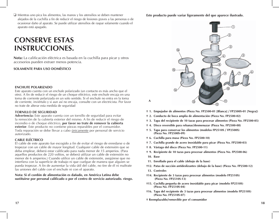 Conserve estas instrucciones | Black & Decker FP2510S User Manual | Page 10 / 29
