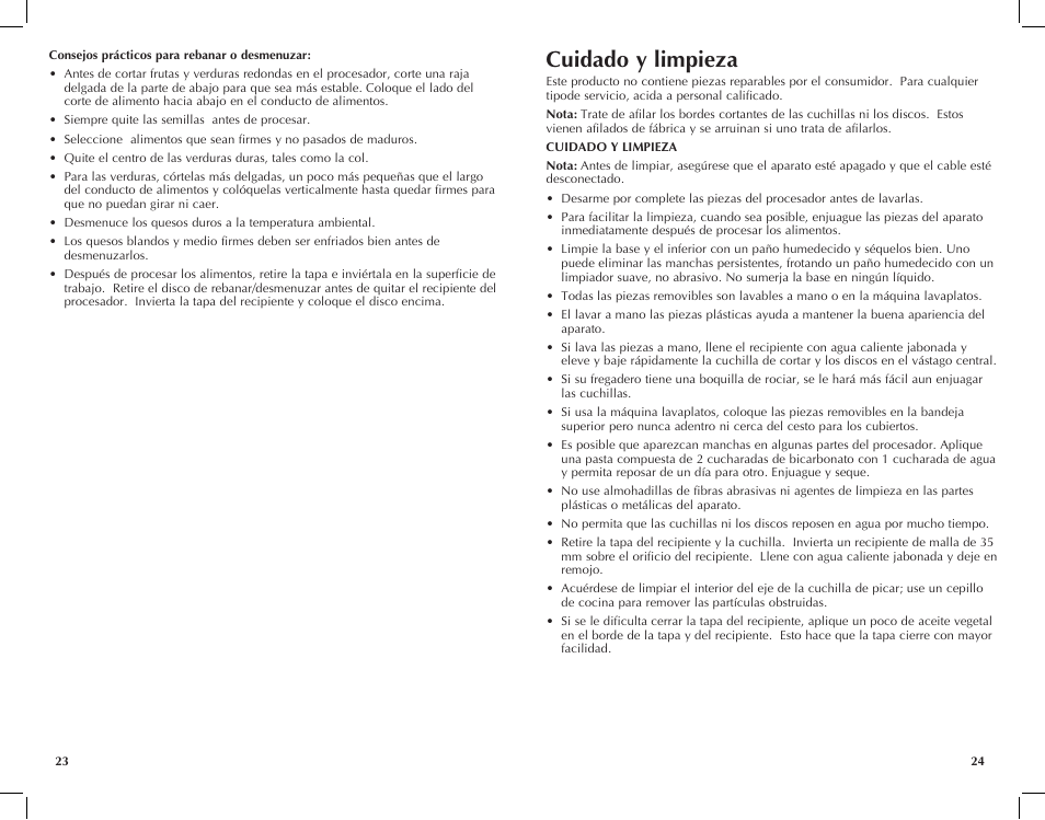 Cuidado y limpieza | Black & Decker FP2510S User Manual | Page 13 / 29
