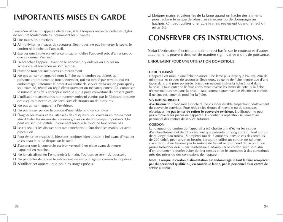 Importantes mises en garde, Conserver ces instructions | Black & Decker FP2510S User Manual | Page 18 / 29