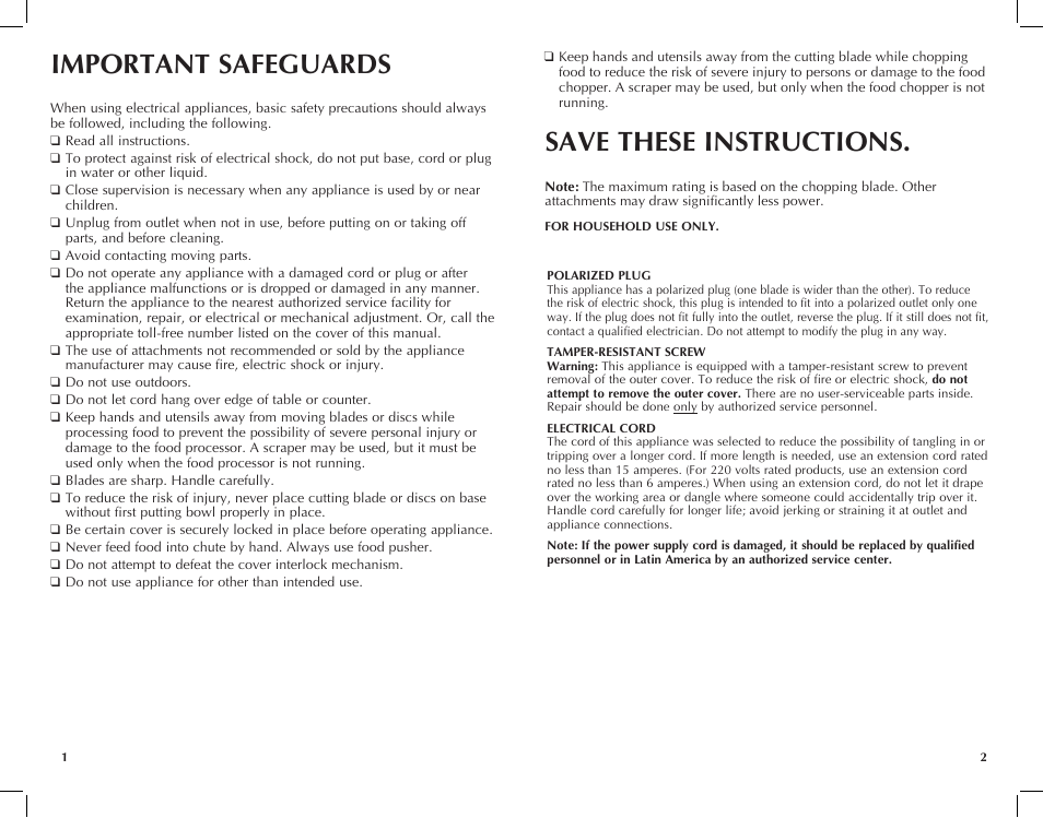 Important safeguards save these instructions | Black & Decker FP2510S User Manual | Page 2 / 29