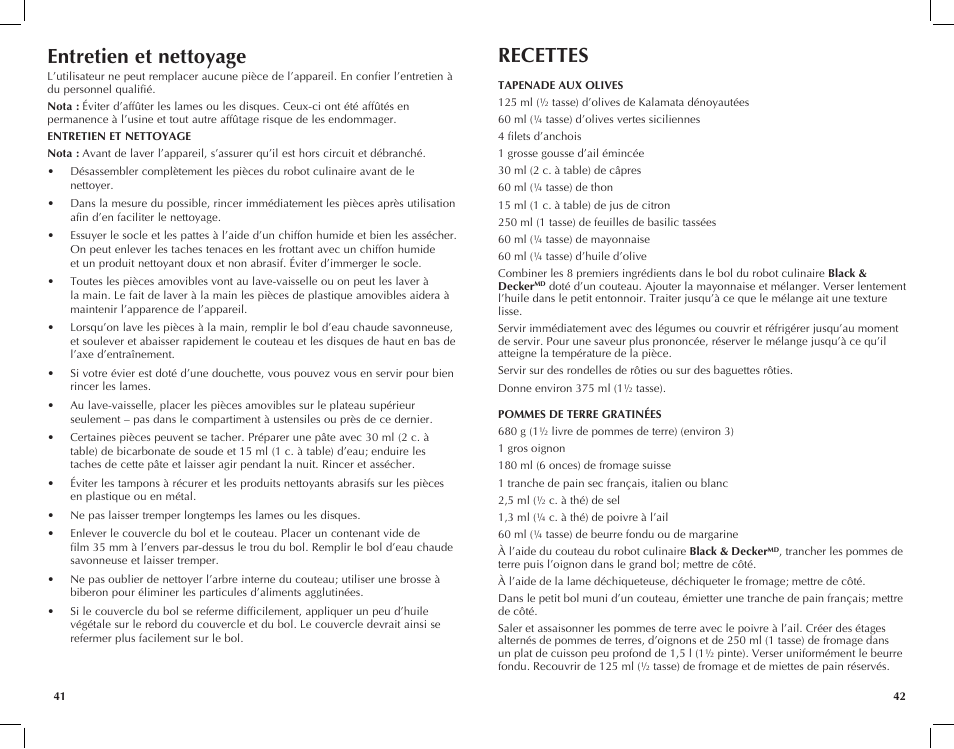 Recettes, Entretien et nettoyage | Black & Decker FP2510S User Manual | Page 22 / 29
