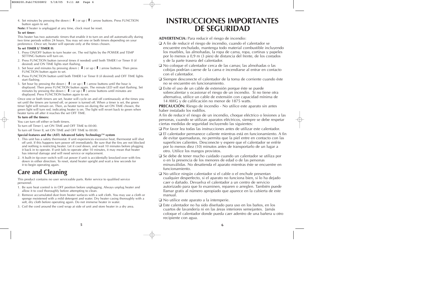 Instrucciones importantes de seguridad, Care and cleaning | Black & Decker BDOH200C User Manual | Page 4 / 13