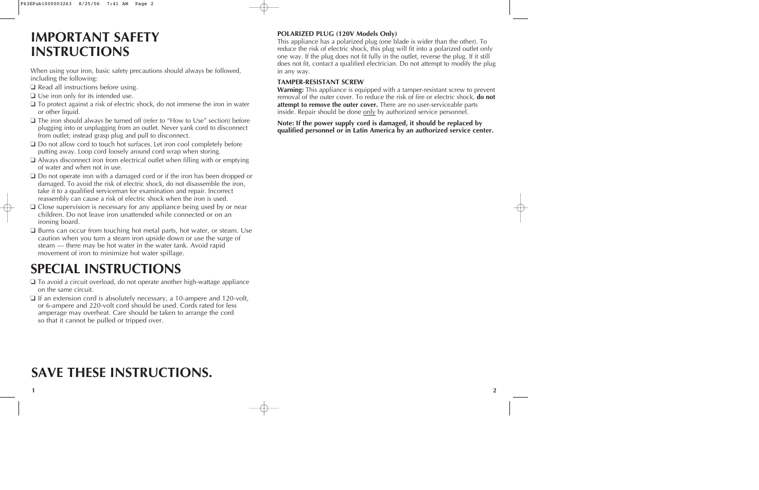 Special instructions | Black & Decker THE CLASSIC F63E User Manual | Page 2 / 13