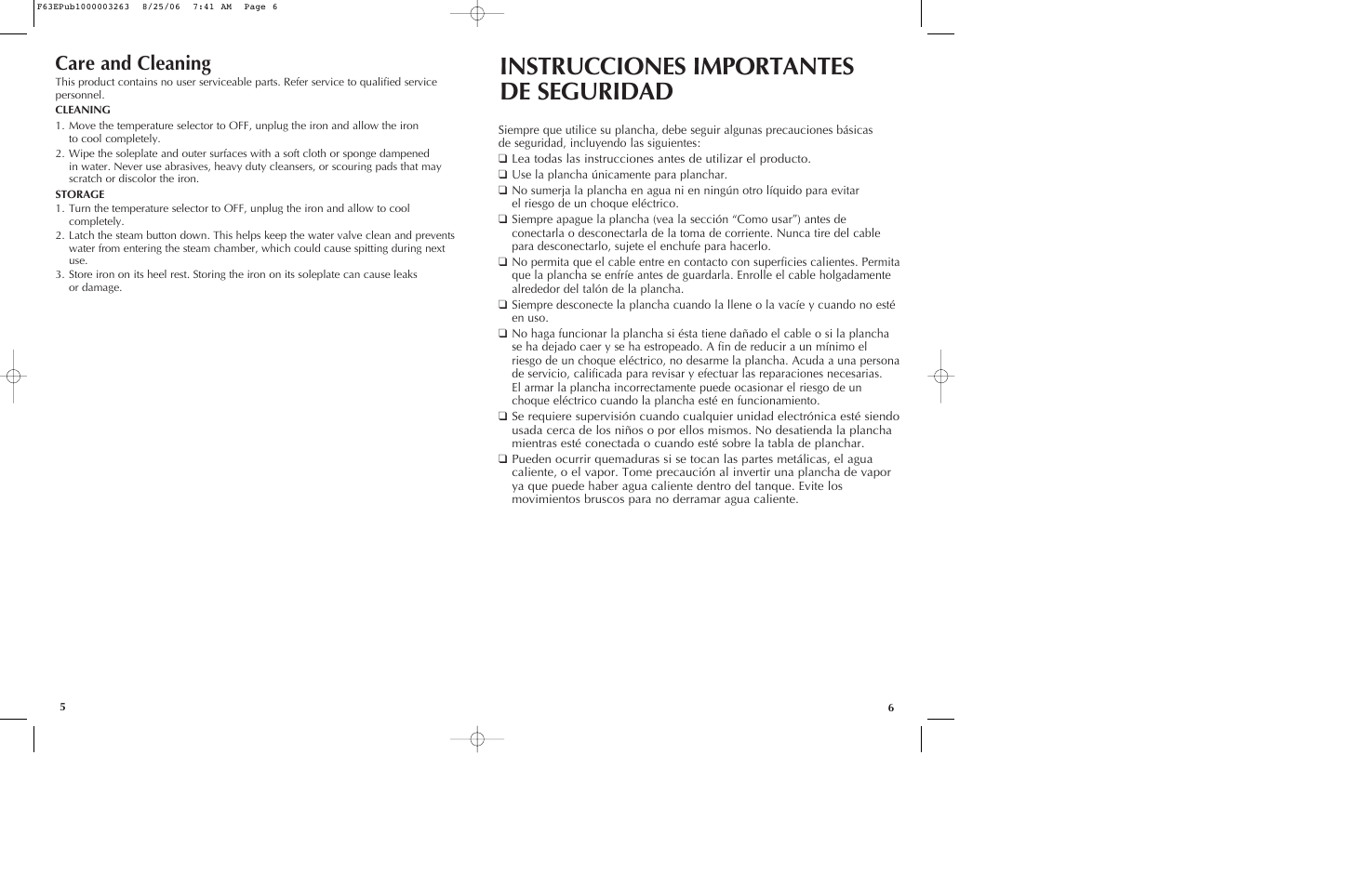 Instrucciones importantes de seguridad, Care and cleaning | Black & Decker THE CLASSIC F63E User Manual | Page 4 / 13