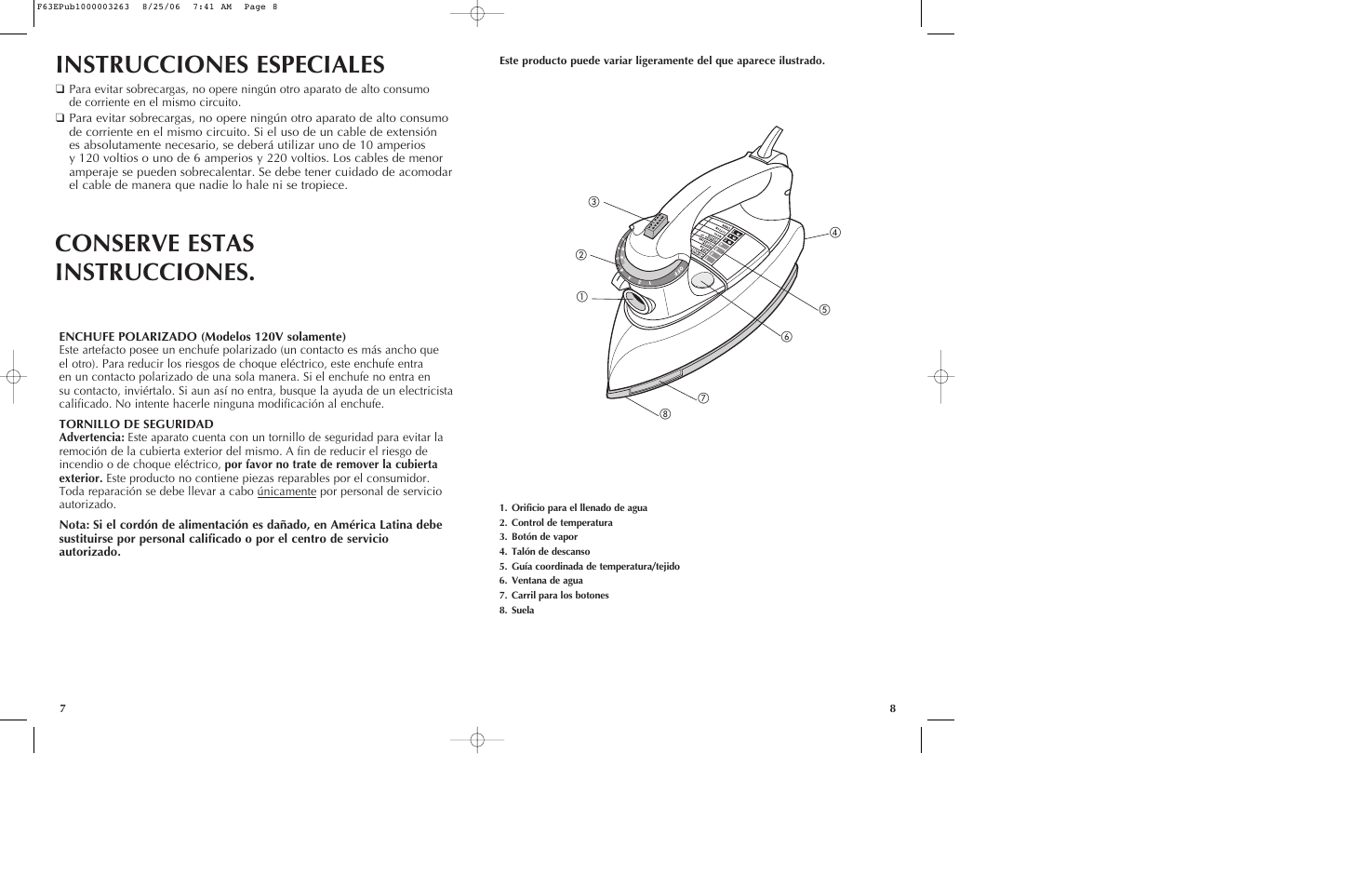 Instrucciones especiales, Conserve estas instrucciones | Black & Decker THE CLASSIC F63E User Manual | Page 5 / 13