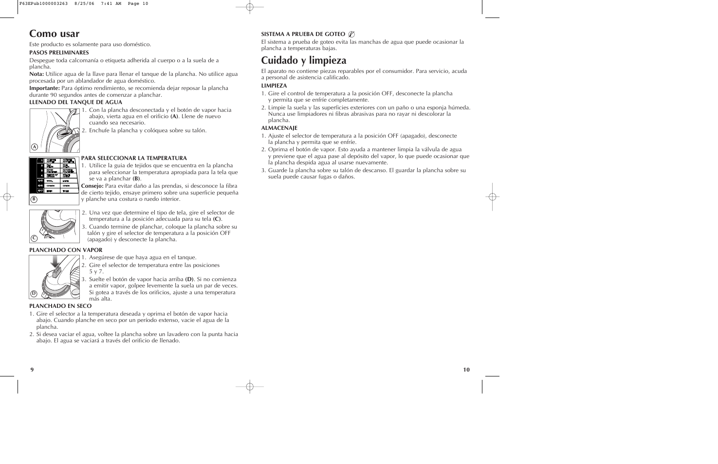 Como usar, Cuidado y limpieza | Black & Decker THE CLASSIC F63E User Manual | Page 6 / 13