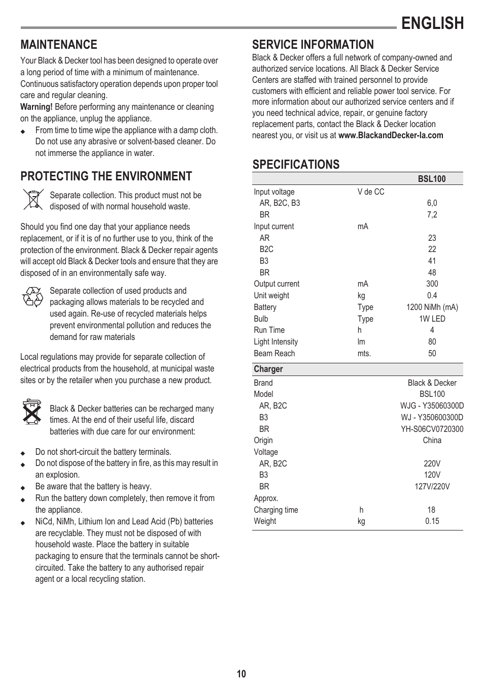 English, Maintenance, Protecting the environment | Specifications, Service information | Black & Decker BSL100 User Manual | Page 10 / 11