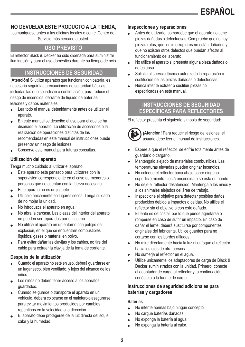 Español | Black & Decker BSL100 User Manual | Page 2 / 11