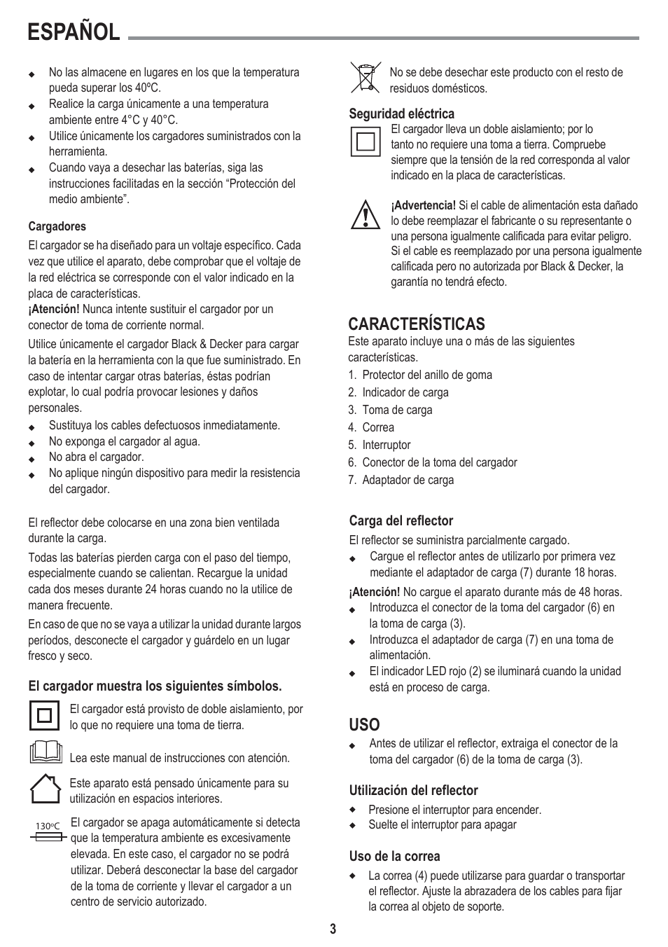 Español, Características | Black & Decker BSL100 User Manual | Page 3 / 11