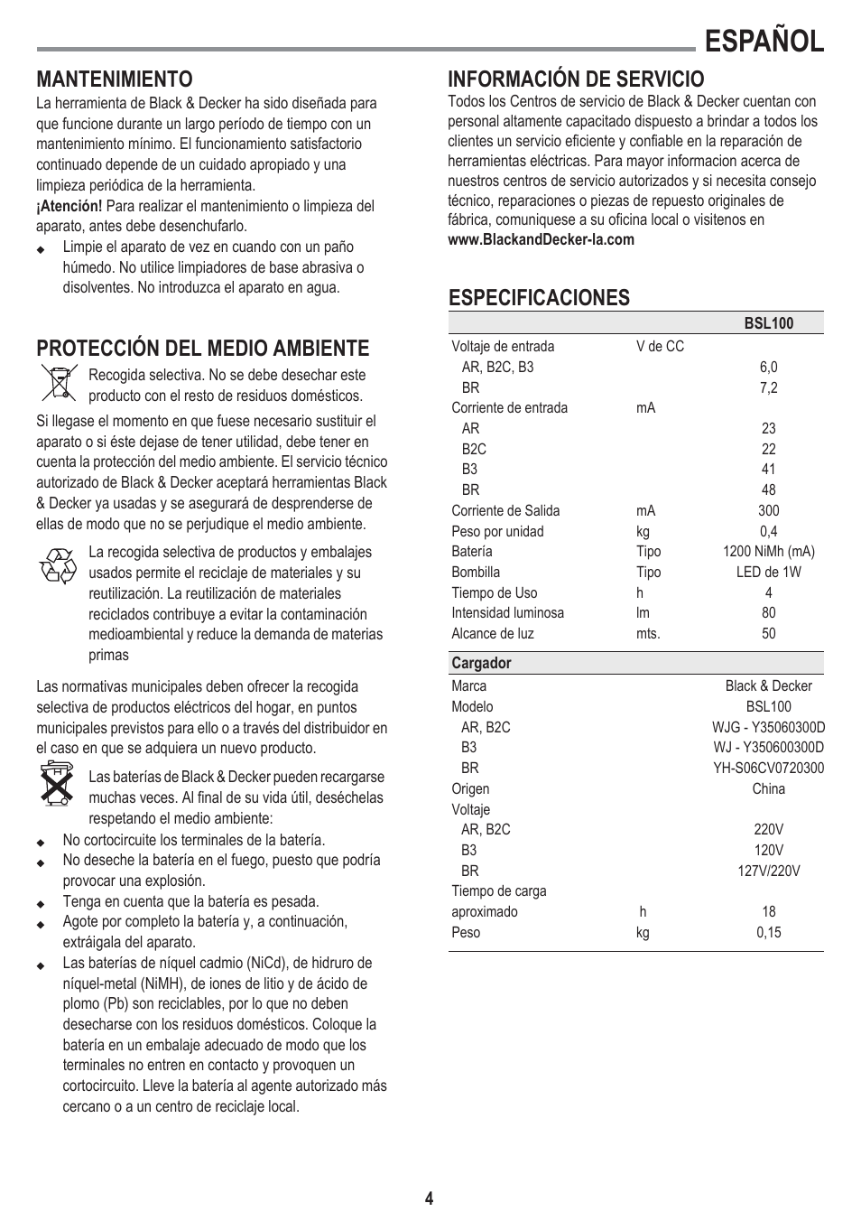 Español, Mantenimiento, Protección del medio ambiente | Especificaciones, Información de servicio | Black & Decker BSL100 User Manual | Page 4 / 11