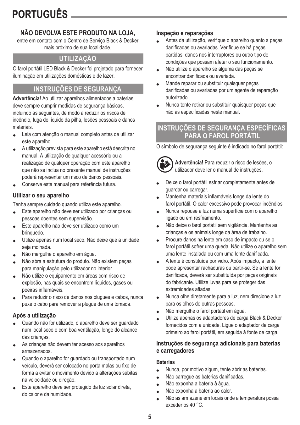 Português | Black & Decker BSL100 User Manual | Page 5 / 11