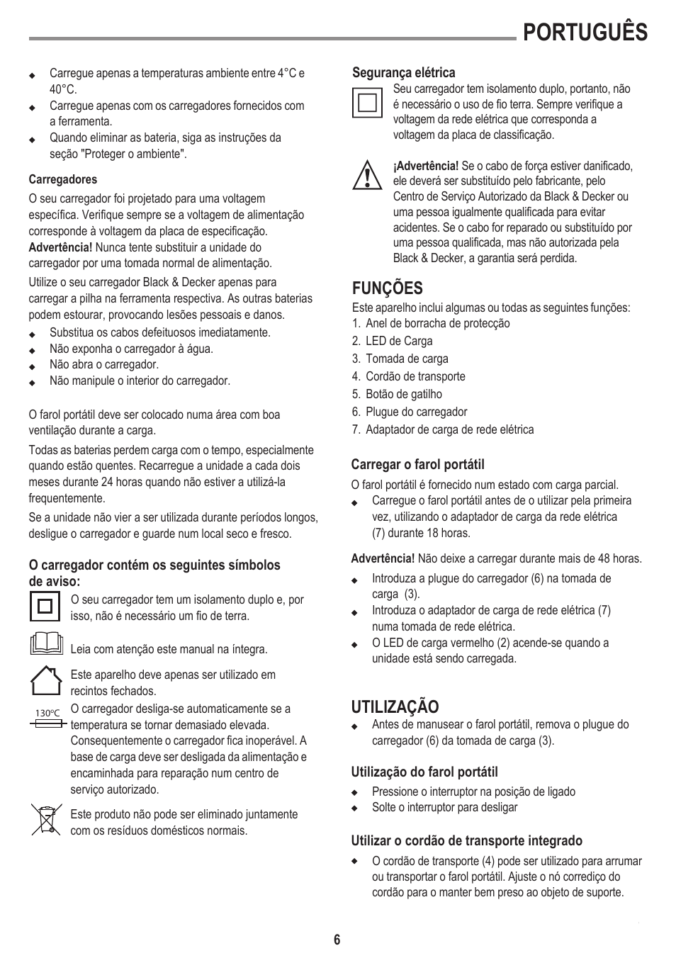 Português, Funções, Utilização | Black & Decker BSL100 User Manual | Page 6 / 11