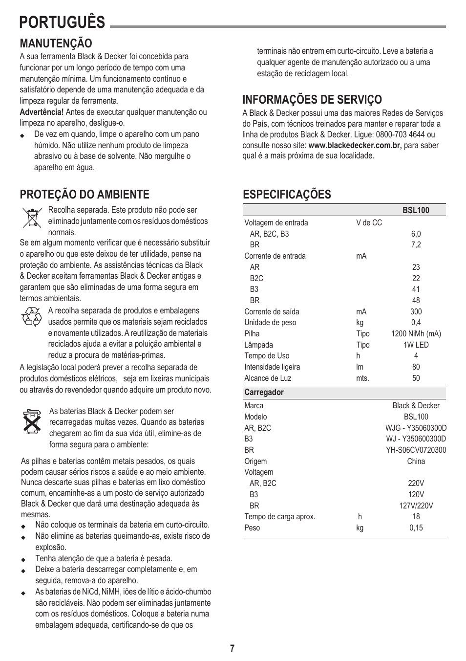 Português, Manutenção, Proteção do ambiente | Especificações, Informações de serviço | Black & Decker BSL100 User Manual | Page 7 / 11