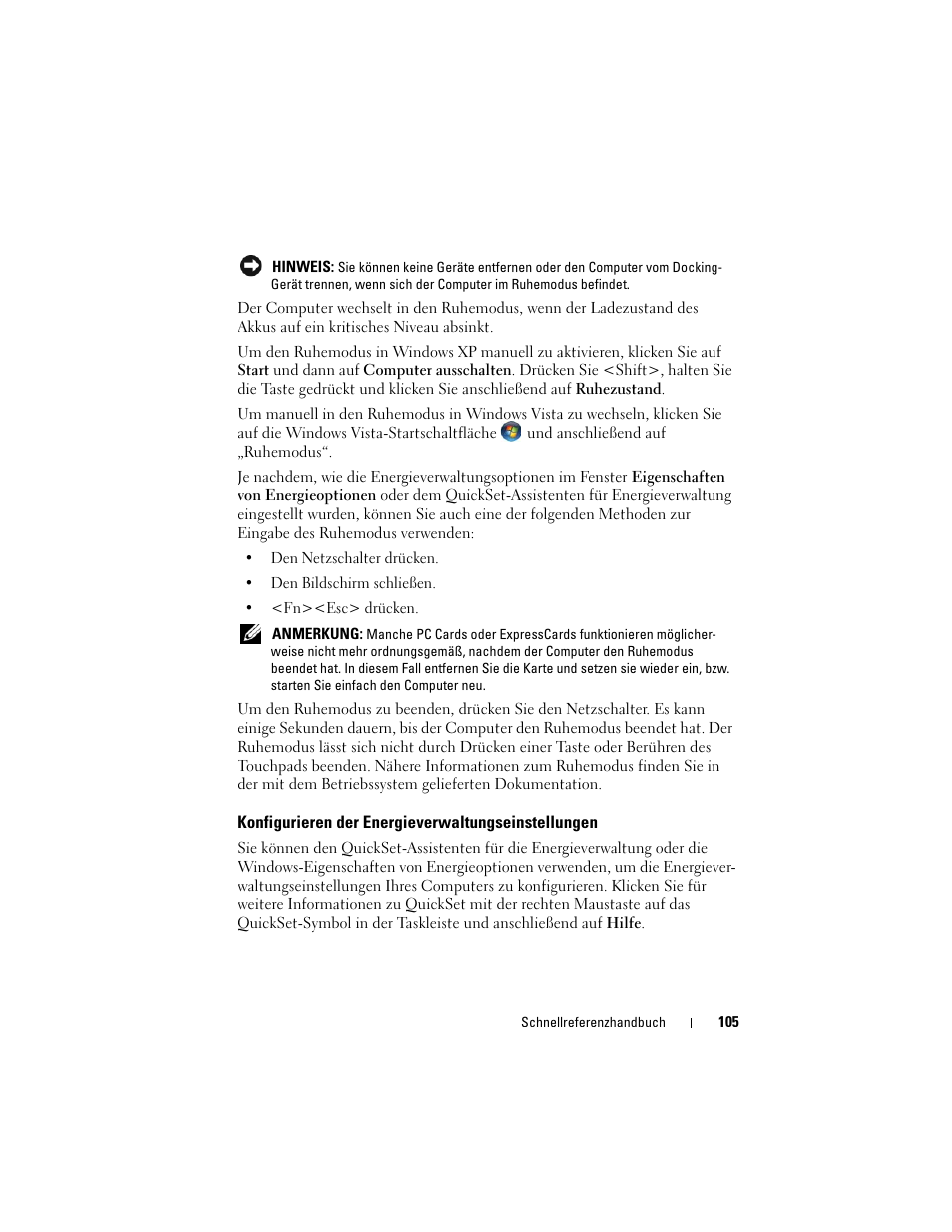 Konfigurieren der energieverwaltungseinstellungen, Seite 105, um informationen über das sp | Dell Latitude D530 (Early 2008) User Manual | Page 105 / 194