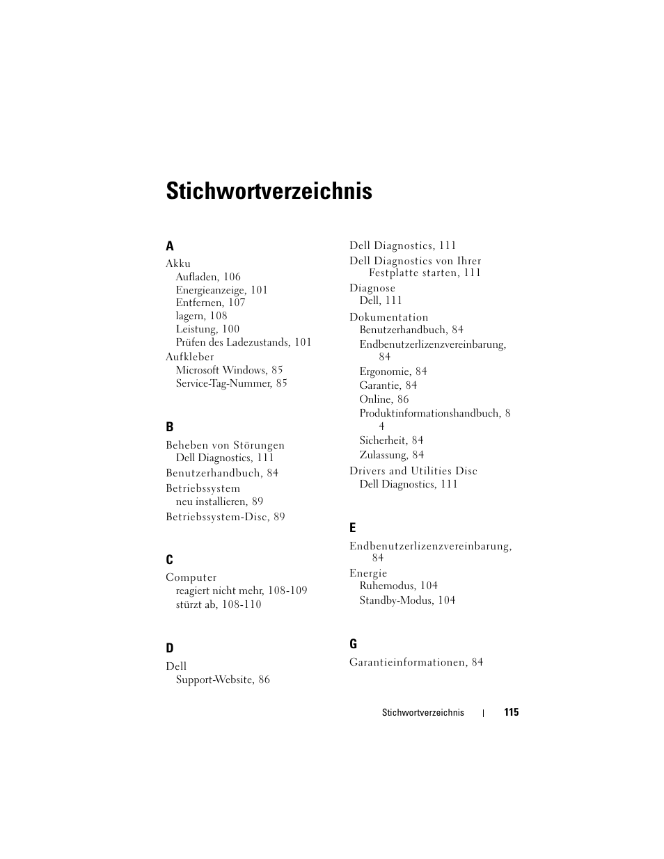 Stichwortverzeichnis | Dell Latitude D530 (Early 2008) User Manual | Page 115 / 194