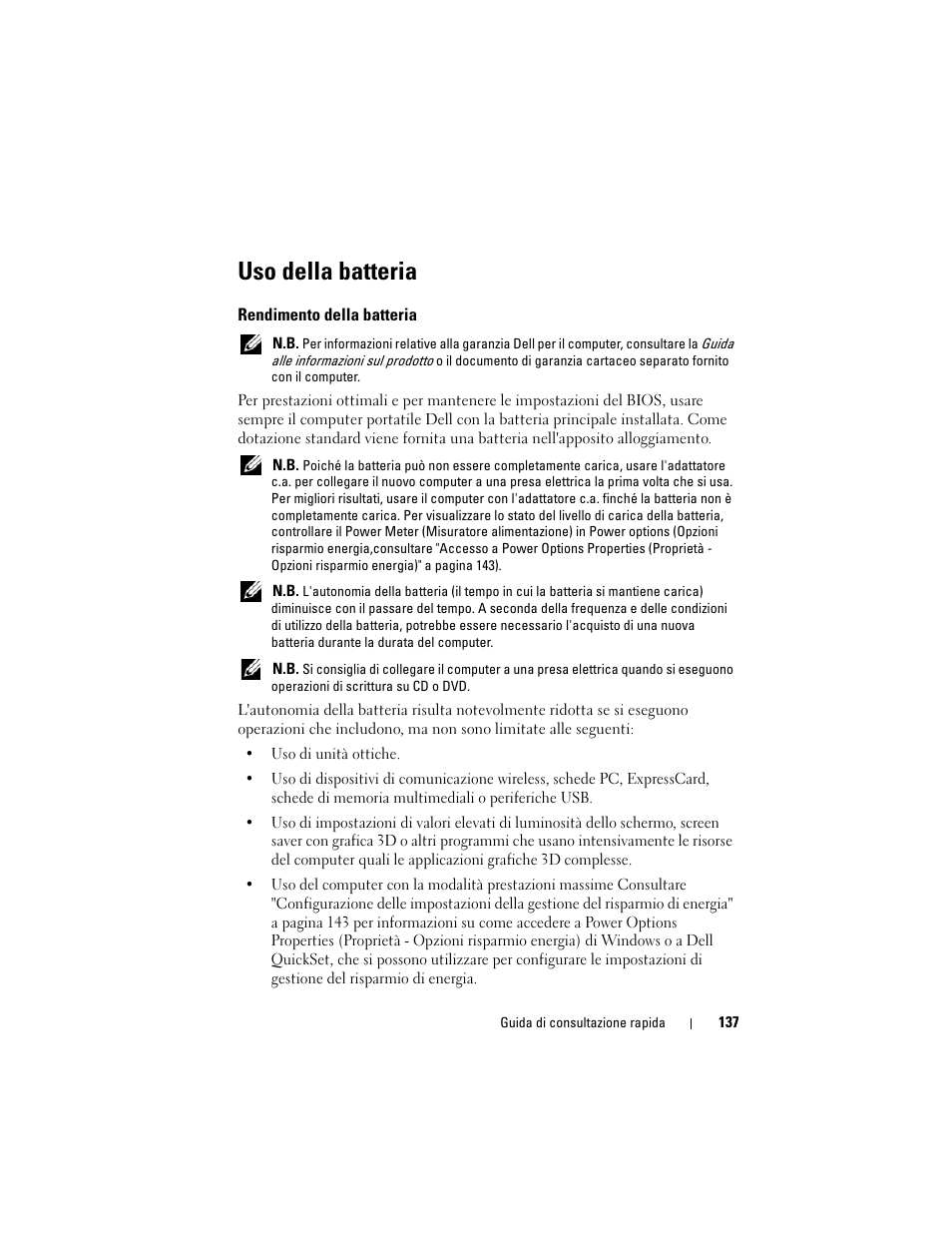 Uso della batteria, Rendimento della batteria | Dell Latitude D530 (Early 2008) User Manual | Page 137 / 194
