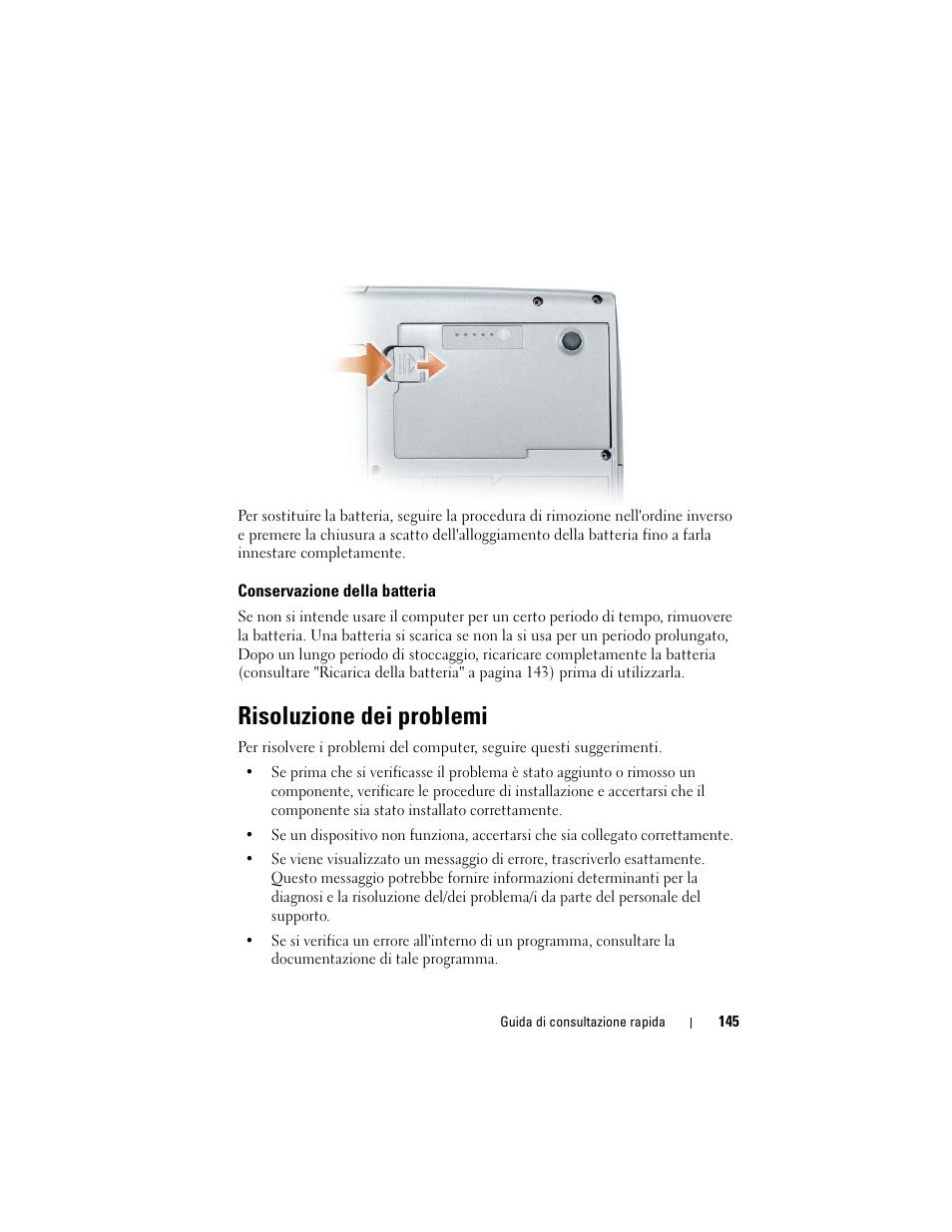 Conservazione della batteria, Risoluzione dei problemi | Dell Latitude D530 (Early 2008) User Manual | Page 145 / 194