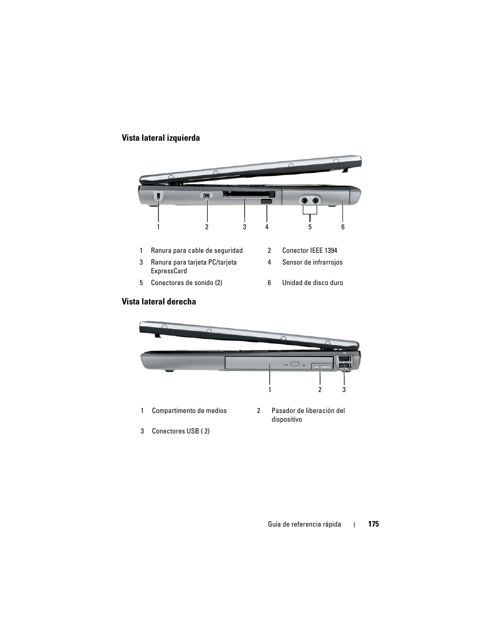 Vista lateral izquierda, Vista lateral derecha | Dell Latitude D530 (Early 2008) User Manual | Page 175 / 194