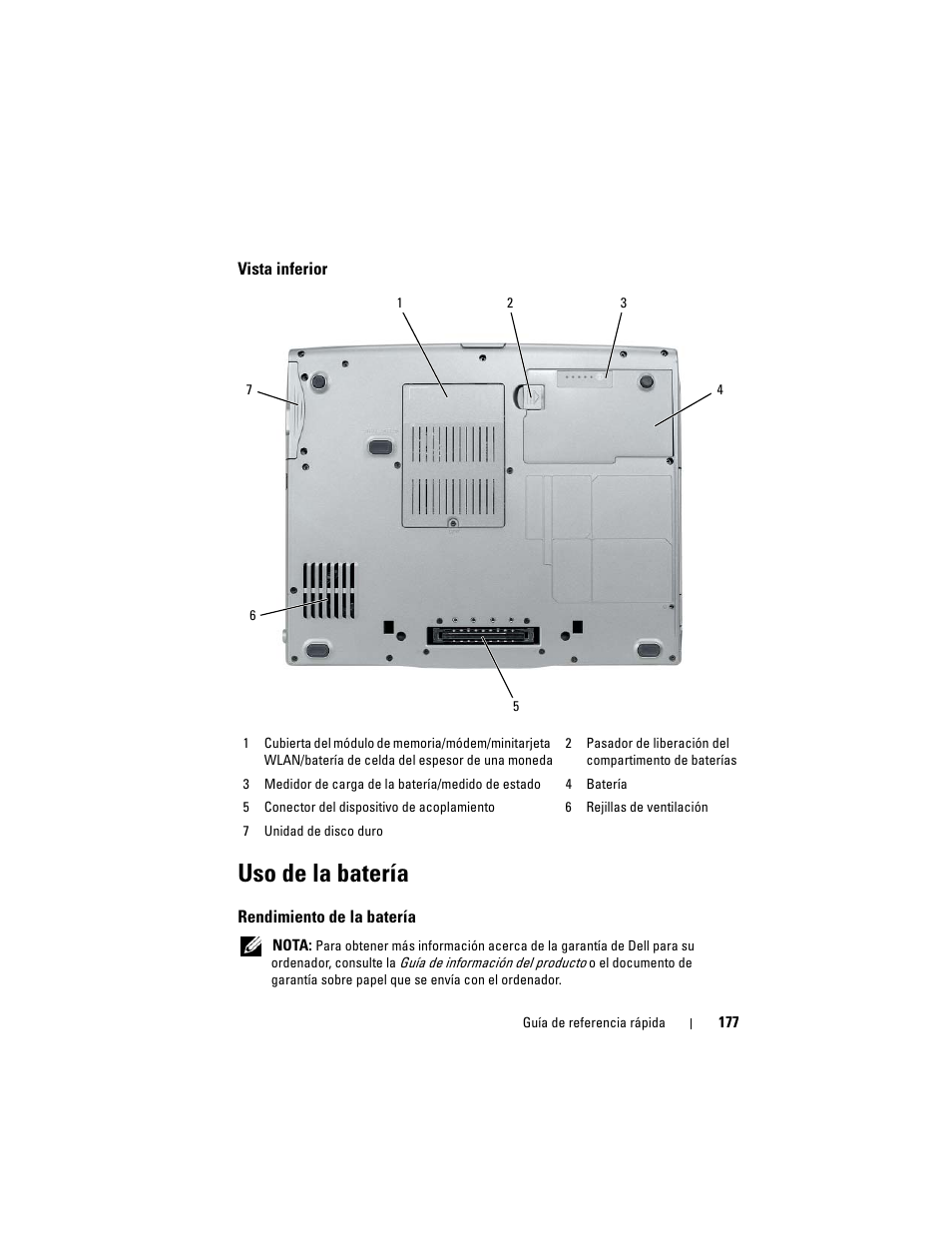 Vista inferior, Uso de la batería, Rendimiento de la batería | Dell Latitude D530 (Early 2008) User Manual | Page 177 / 194