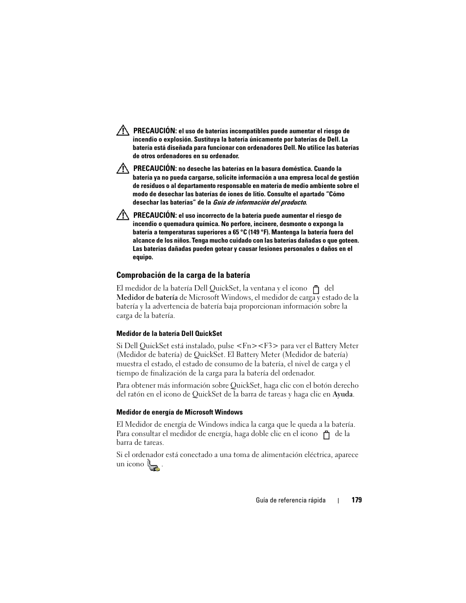 Comprobación de la carga de la batería | Dell Latitude D530 (Early 2008) User Manual | Page 179 / 194