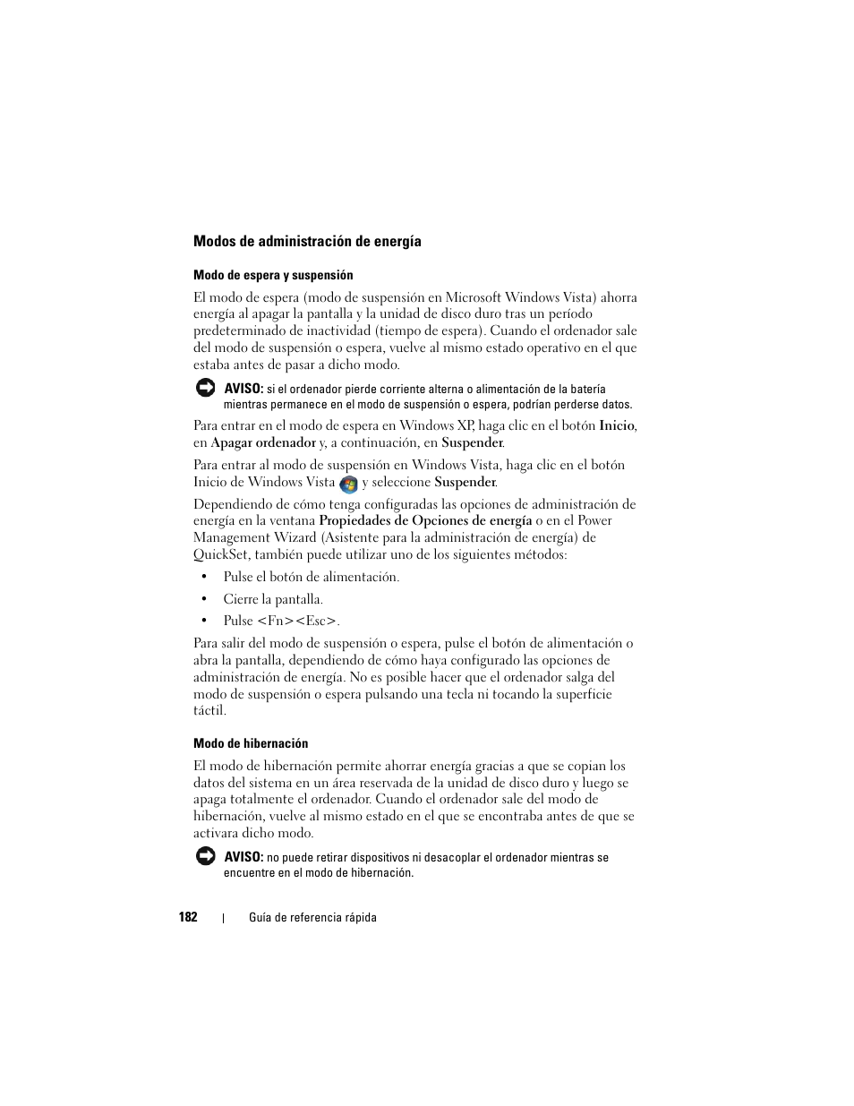 Modos de administración de energía | Dell Latitude D530 (Early 2008) User Manual | Page 182 / 194