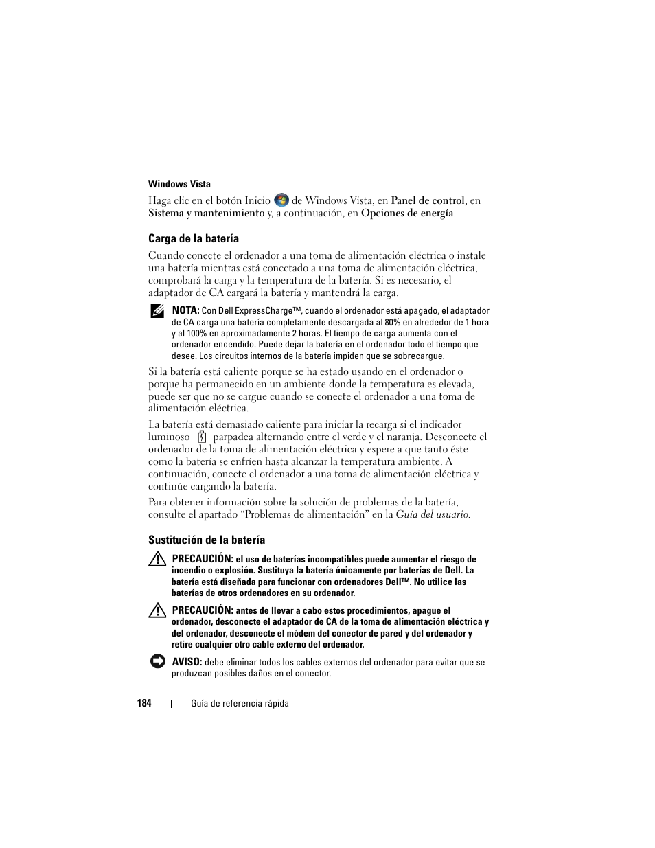 Carga de la batería, Sustitución de la batería | Dell Latitude D530 (Early 2008) User Manual | Page 184 / 194